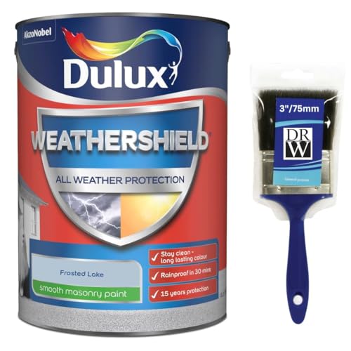 Image of DRW Frosted Lake Weathershield Smooth Masonry Paint 5L + 3" Paint Brush | Exterior Wall Paint | Long Lasting Weather Protection | Smooth Matt Finish for Brick Render Concrete and Stone