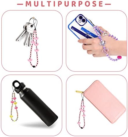 Sibba String Beaded Phone Case Charm Lanyard Wrist Strap 3 Pieces Kawaii Acrylic Heart Round Beads Handmade Bracelet Anti-lost Chain Keychain Decoration for Women Teen Girls