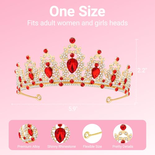 Tiara Crown for Women, Headband Hair Accessories for Birthday Wedding Party Costume Red Gold