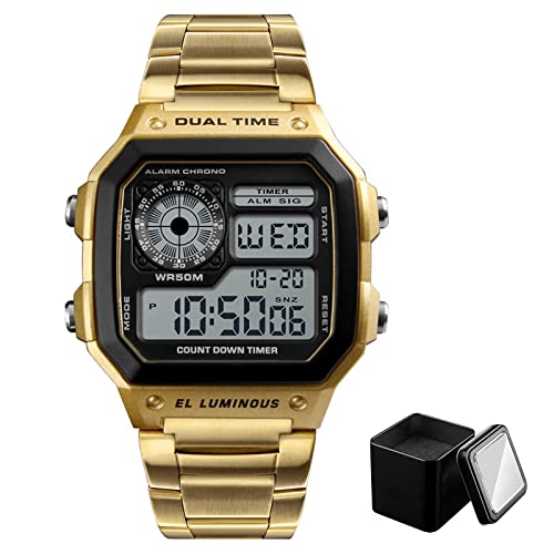 Nicoone Herren Uhr Digital, Chronograph mit LED-Hintergrundbeleuchtung, Herren Armbanduhr, 50 m Wasserdicht, Edelstahlarmband (Gold)