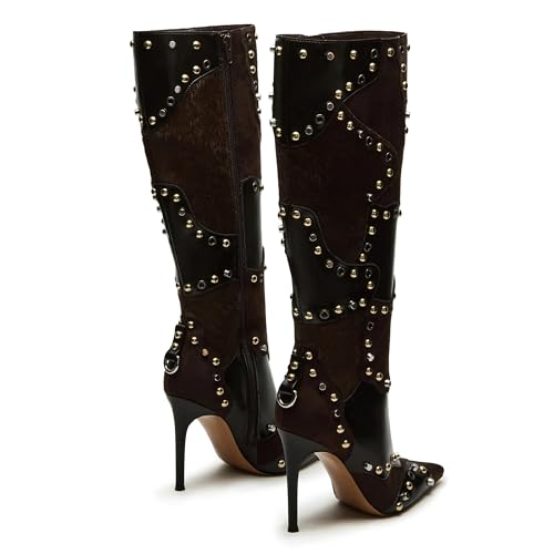 Knee High Boots Women Rivets Fall Tall Boots Pointed Toe Stiletto High Heels Side Zipper Party Dress Shoes 6