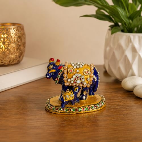 Image of eCraftIndia Handcrafted Cow and Calf Showpiece for Home Decor | Traditional Kamdhenu Cow Figurine with Stone & Pearl Work | Decorative Tabletop Statue for Living Room, Office & Gift
