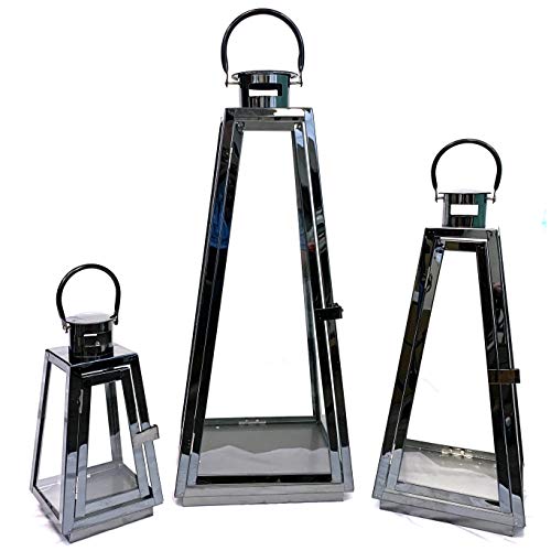 Image of Allgala 3-PC Lantern Set 24 Inch Jumbo Deluxe Modern Indoor /Outdoor Candle Lantern Set Black Stainless Steel Tapered Trapezoid Frame with Tempered Glass for Garden Patio Fireplace Wedding