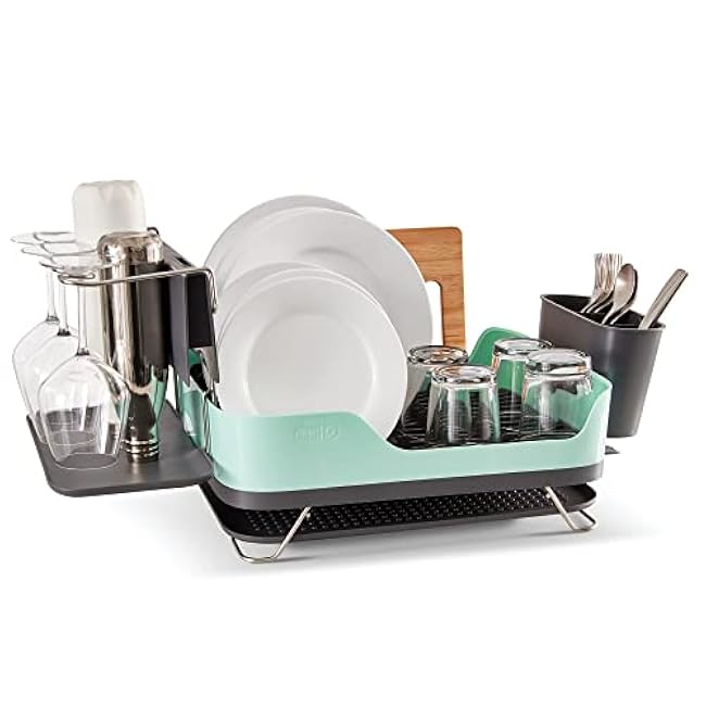 DASH SmartStore? Full Size Dish Rack ¨C Plates, Cups, Utensil Holder, Knife Slot, Drainage Spout + Drying Mat ¨C Aqua