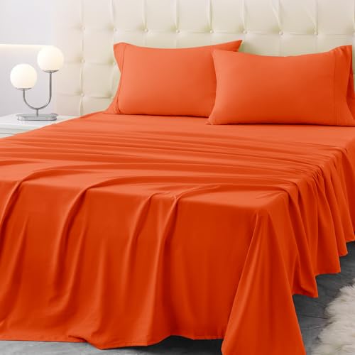 Homilay Twin Size Terracotta Bed Sheet Set - 3 Piece Soft Microfiber Sheets with Deep Pockets, Cooling Technology, and Wrinkle-Free Pillowcase. Hotel-Quality, Durable Bedding, Bright Orange