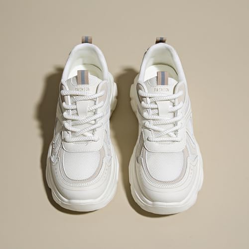 Chunky Sneakers for Women Fashion Platform Leather Casual Dad Shoes with Height - Increasing Feature Comfortable Wedge Walking Sport Sneakers (White,6)2