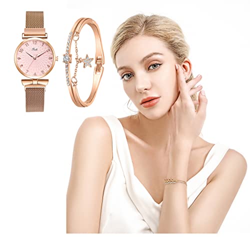 Womens Watch Gifts Set with Bracelet Rose Gold for Lady Female Elegant Luxury Wrist Watches Ladies Stylish Bracelet Watches