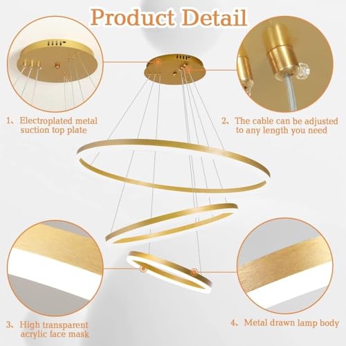 Image of OJIT Modern 3 Ring Led Chandelier, Pendant Light Height Adjustable Hanging Ceiling Lamp for Living Room, Kitchen, Indoor, Dining Table & Home Decor (Black) (Golden Ring 5316)