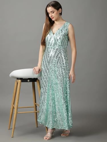 Image of SHOWOFFFF Women Embellished Wrap Party Dress | V Neck Sleeveless Cotton Dress for Womens | Maxi Dress for Women's