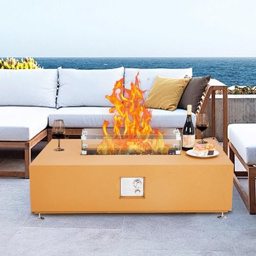 48 Inch Propane Fire Pit Table, 50000BTU Outdoor Rectangular Gas Firepit with Wind Guard, Glass Beads & Rain Cover, Add Warmth and Ambience On Patio Deck Garden, CSA Certified Fire Table, Orange