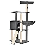 PawHut Árbol para Gatos Grande Altura 146 cm con Plataformas Cueva de Fieltro Extraíble Postes Rascadores de Sisal Hamaca Cojines Lavables Rampa y Bola de Juguete 60x40x146 cm Gris