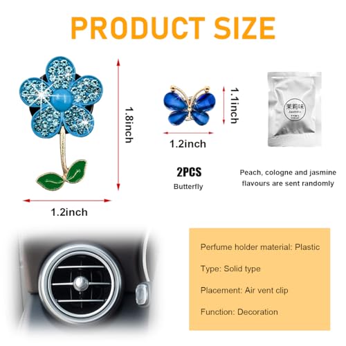 Image of povtii 3 PCS Bling Car Air Vent Clips, Rhinestone Daisy Butterfly Air Freshener Outlet Diffuser Clip, Cute Auto Air Conditioning Clip Charm for Women Girls, Decor Car Accessories (Blue)