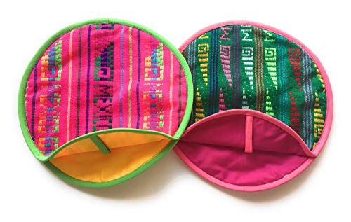 TWO SIDED Pack of 2 Real Mexican Tortilla Warmer 9”- Insulated, Microwaveable Cotton Fabric Pouch - Tortillero de tela (Frida Pink-Cactus Green)