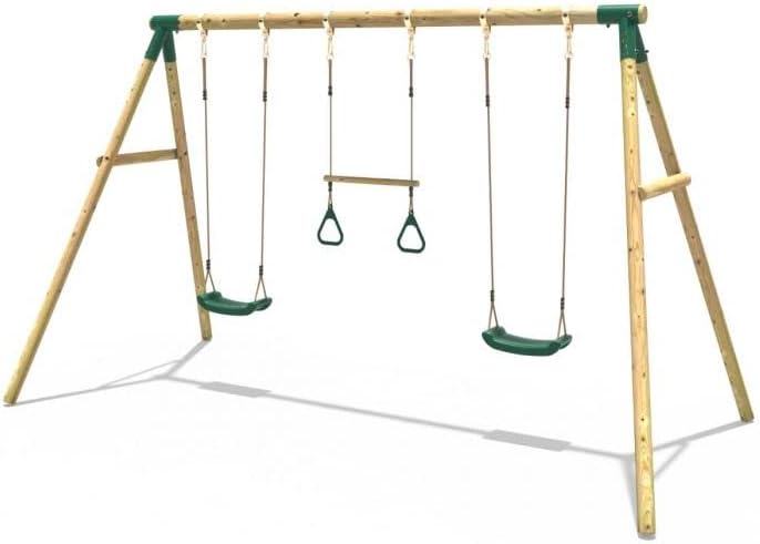 Rebo® Children's Wooden Garden Swing Set - Comet | OutdoorToys | Pressure Treated Timber, Soft Feel Ropes, Trapeze Bar with Rings, Sturdy Construction for Kids