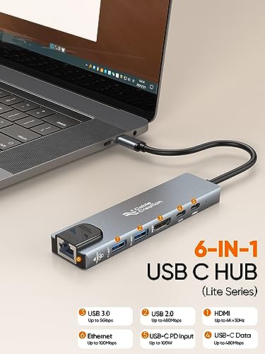 Image of CableCreation 6 in 1 USB C Hub Multiport USB-C Adapter(Lite Series),Type C Dongle Docking Station,4K HDMI,USB 3.0,100M RJ45 Ethernet,100W PD,USB 2.0 and USB-C Data for iPhone 15 Pro Max