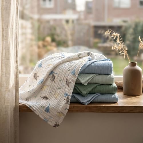 Image of Muslin Receiving Blankets, Neutral Blanket Swaddling for Newborn Boys and Girls, 5 Pack Breathable and Skin-Friendly Swaddle Wrap for Infant Baby (Blue Dinosaur)