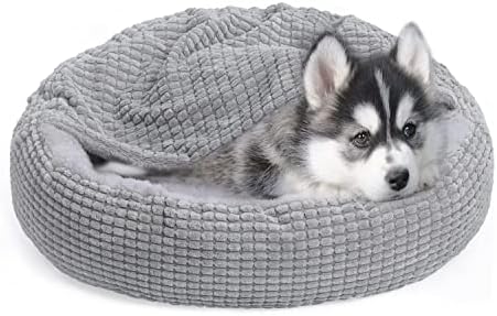 Alalulu Small Dog and Cat Bed with Hooded Blanket, Donut Round Calming Anti-Anxiety Pet Cave for Indoor Kitty or Puppy’s Warmth, with Anti-Slip and Water/Dirt Resistant Base, Machine Washable