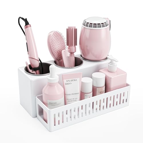 Furkoazki Hair Dryer Holder - Detachable Hair Tool Organiser with 3 Stainless Steel Cups Wall Mounted & Bathroom Countertop Vanity Storage for Curling Irons Straighteners Toiletries & Makeup
