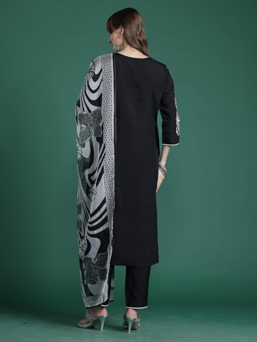 Image of INDO ERA Women's Straight Linen Floral Embroidered Kurta & Pant With Dupatta Set (IESTR10640)