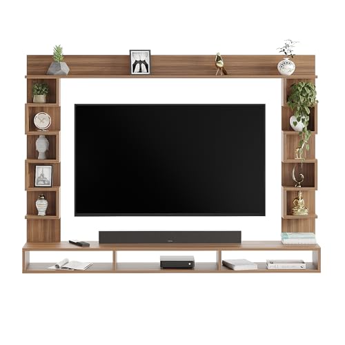Image of FURNEASER Cabiar Wall Mount TV Unit for Living Room Wooden Entertainment Center with Storage Shelves Modern TV Panel Stand Showcase for up to 55 Inch Media Console Cabinet Exotic Teak