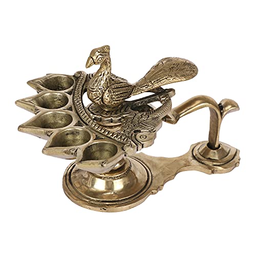 ARTVARKO Peacock Aarti Diya with Handle Brass Decorative Puja Accessory, Five Face Camphor Burner lamp Panch Aarti for Navratra, Diwali Gifts Home Decor