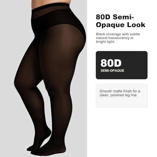 Image of HeyUU Plus Size 80D Semi-Opaque Tights, Soft High Waist, XL-4XL | Curvy Fit,No-Roll Waist,Soft Stretch,Smooth Coverage,Everyday Wear
