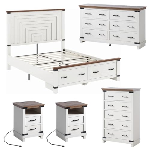 AMERLIFE 5-Piece Farmhouse Bedroom Set, Rustic Wood Queen Bed Frame with 54' Tall Headboard,...