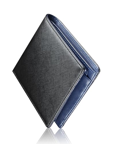 [Alivern] 財布 メンズ 2つ折り 本革 薄い 小銭入れ RFID＆磁気スキミング防止 一流の財布職人が作る 二つ折り財布 ふたつおり サイフ コンパクト 軽い 紳士用 (ブラック＋ブルー)