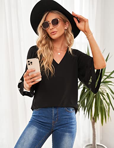 Luvamia Women's Casual V Neck Blouse 3/4 Bell Sleeve Mesh Panel Shirts Loose Tops Blouses Womens Boho Tops And Blouses Womens Tops Dressy Casual 3/4 Sleeve Women's Bell Sleeve Topsblack Size Xxlarge #TOP5