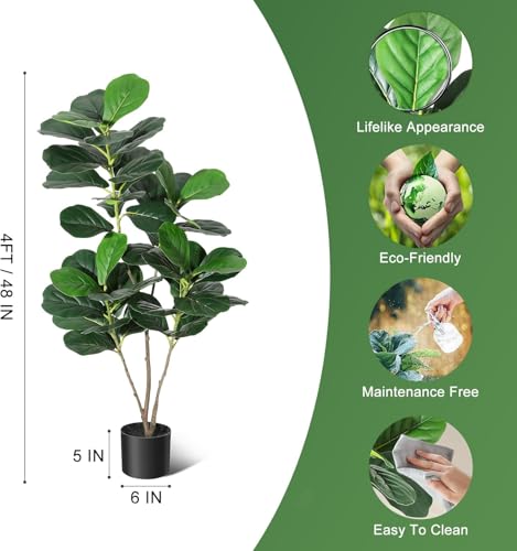 4FT Fiddle Leaf Fig Artificial Tree Faux Floor Plant with Black Planter Pot, Potted Fake Fiddle Leaf Fig Tree for Indoor Outdoor Home Office Decor