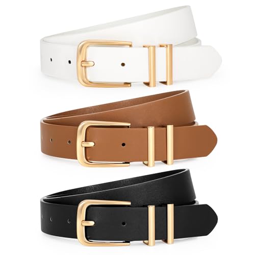 Image of WERFORU 3 Pack Women's Leather Belts for Jeans Dresses Fashion Ladies Gold Buckle Leather Belts, Black/Brown/White