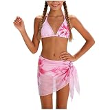 Bikini Set Mädchen 3 Teiliges Blumenmuster Badeanzug Push Up Neckholder Bademodee Summer Badebekleidung mit Rock (11-12 Years)