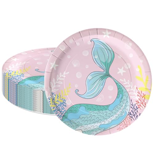 LeZakaa 25Pcs Birthday Paper Plates - Mermaid Tail in Pink Design Disposable Party Plates Decorative Tableware Supplies Table Decor Baby Shower for Kids, Girl, Women - 9 Inch
