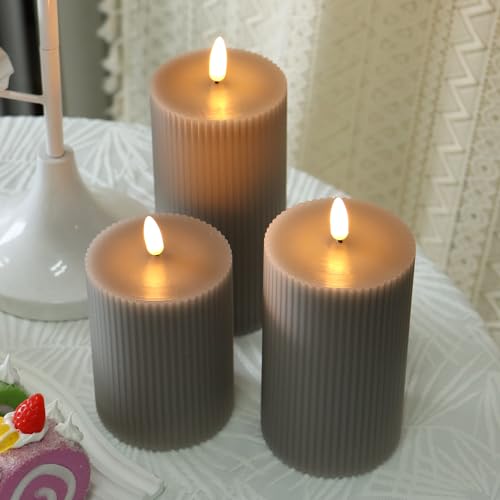 Image of 3 Pack Wax LED Flameless Candles with Remote Real Wax Battery Operated Electric Pillar Candle Set with Vertical Stripes 3D Black Wick for Home Party Wedding Decorations, Grey, D 3 x H 4 /5 /6 inch
