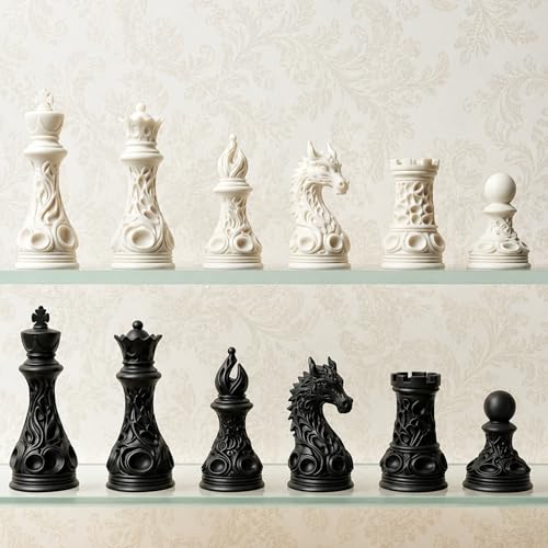 Image of TADCraft Decorative Chess Pieces - Artistic Black and White Ornate Chessmen for Display, Collection & Casual Play (32 Pieces-Tournament Size)