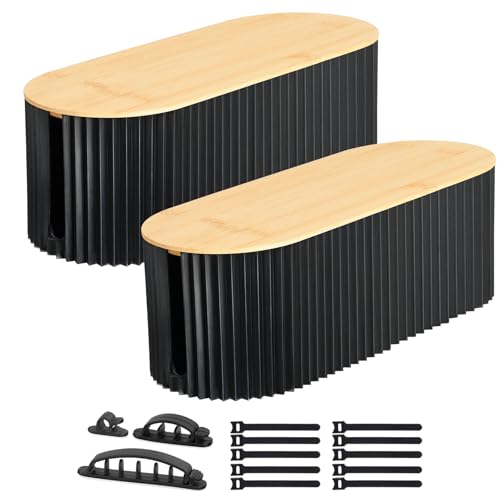Voency 2PCS Cable tidy box,Cables management box with Bamboo Lid Cables Organised Box for Storage Organising Management Desk TV Computer USB Hub Strips Cords Cables Organised Box Black