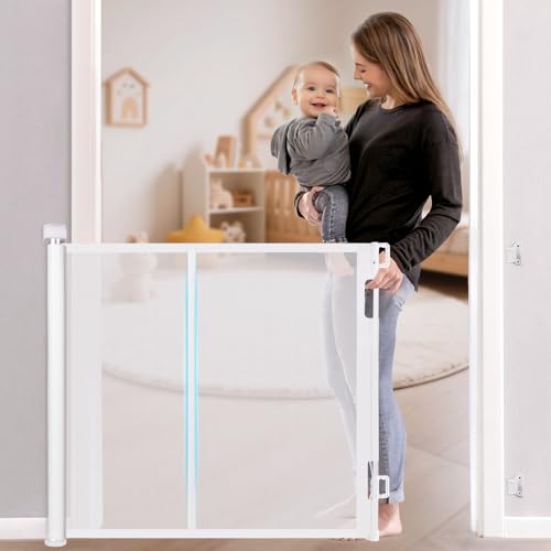 Infällbar babygrind, uppgraderad husdjursgrind med glasfiber, förlängs till 140 cm bred, 84 cm lång, näthundgrind för trappor, inomhus, utomhus och hallar, vit