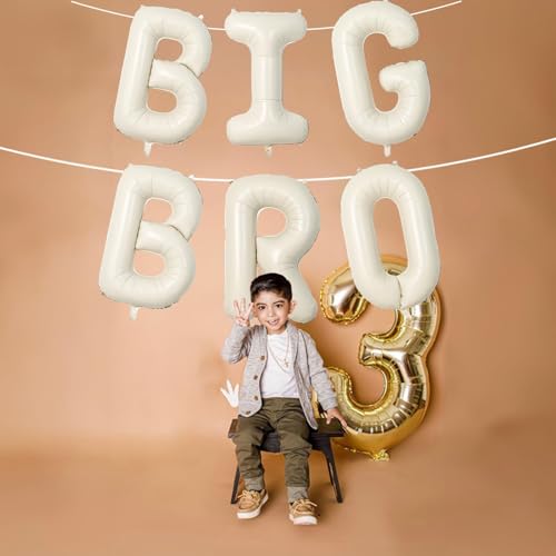 Image of 40 Inch Beige Big Bro Balloons Letter, Large Cream White Sand Big Bro Foil Balloon, Neutral Ivory Alphabet Mylar Balloon for Kid Newborn Boy Announcement Gender Reveal Baby Shower Party Decorations