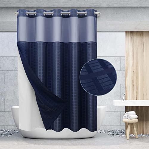 Viuoon No Hook Shower Curtain Set With Snap In Fabric Liner, Hotel Grade Shower Curtain - See Through Top Window, Waterproof & Washable, Plaid, Beige 71W X 74H #TOP21