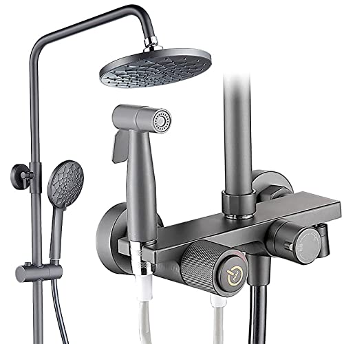 Système de douche effet de pluie avec jet enveloppant et colonne réglable gris pistolet