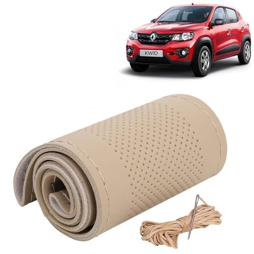 Image of KINGSWAY PU Leatherite Car Steering Cover Sewable Compatible with Renault Kwid (Year 2015-2018), Beige Color with Beige Thread, Pack of 1 with Sewing Needle and Thread