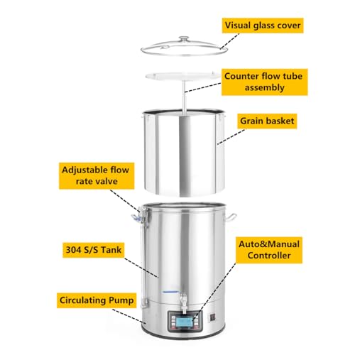 Eléctrica de cerveza casera de 30L/40L/60L con modo automático/manual, dispositivo de ebullición de puré, potencia de 100-2500W, temperatura de 25-100 ℃, temporizador de 1-180 minutos para elaboración