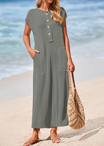 Image of KIRUNDO Womens Summer Ribbed Knit Short Sleeve Maxi Dress | 2026 Spring Henley Button Up Knitted Tshirt Dress, Loose Beach Vacation Sundress, Teacher Dress, Loose Fit Nursing Friendly