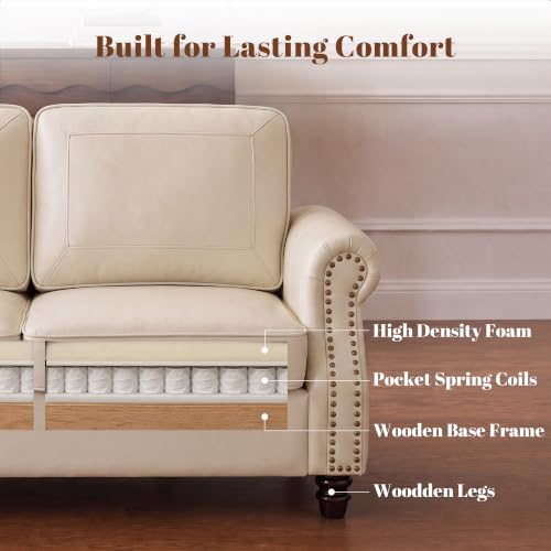 Image of Kingfun Faux Leather Loveseat Sofa with Rolled Arms,Cream