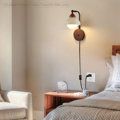 Image of Yellow Travertine Wall Lamp, Wabi-Sabi Lighting Fixture Nordic Modern Marble Wall Sconce,Yellow Natural Stone Bedside Wall Lamps 9W, Wooden Base with Plug in Hardwired 2 in 1 Wall Lights for Bedroom