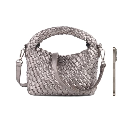 Woven Handbag For Women, Small Metallic Purse with Detachable Crossbody Strap, Girls Daily Top Handle Bag