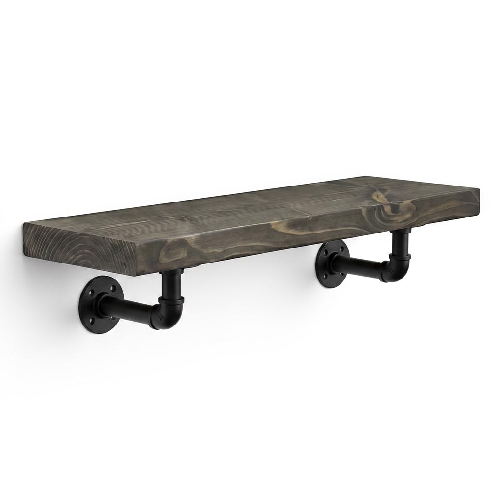 MKGT Handcrafted Rustic Wooden Floating Shelf with Industrial Pipe Brackets – 22cm Deep Solid Pine Wall Shelf, 45mm Thick, Made in the UK, Includes Fixings (Driftwood, 60cm)