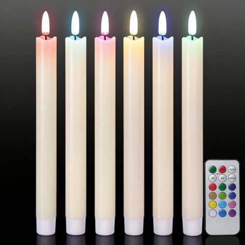 Image of GenSwin Flameless Taper Candles with Remote, Real Wax and Color Changing Wick LED Taper Candles Battery Operated, 6 Pcs Flameless Candlesticks for Halloween Christmas Decor(Ivory, 0.78 inchx9.6 inch)
