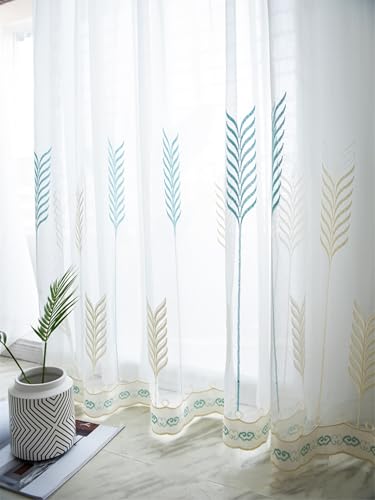 Voilage lot de 2 en gaze blanche brodée blé 200x210 cm avec oeillets pour chambre