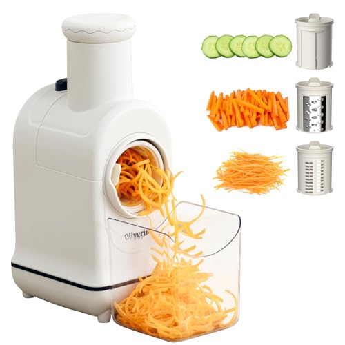 Ollygrin 3-In-1 Electric Rotary Cheese Grater Stainless Steel, Electric Vegetable Cutter Slicer Chopper, Multifunctional Vegetable Cutter Shredder Slicer For Zucchini Fries Fruit Vegetable Salad White